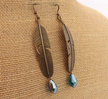 Load image into Gallery viewer, Bronze Tone Leaf &amp; Crystal Cut Teardrop, Earrings
