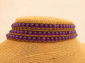 Brown Cord & Purple Bead Long Strand Bracelet