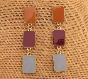 Brown, Burgundy, Grey & Gold Tone Rectangle Stud Drop Earrings