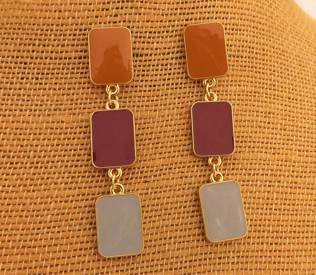 Brown, Burgundy, Grey & Gold Tone Rectangle Stud Drop Earrings