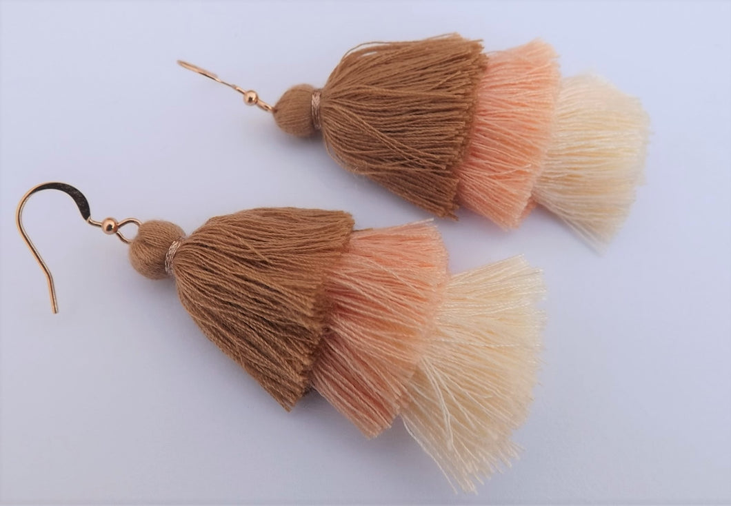 Brown & Cream Triple Layered Tassel Earrings