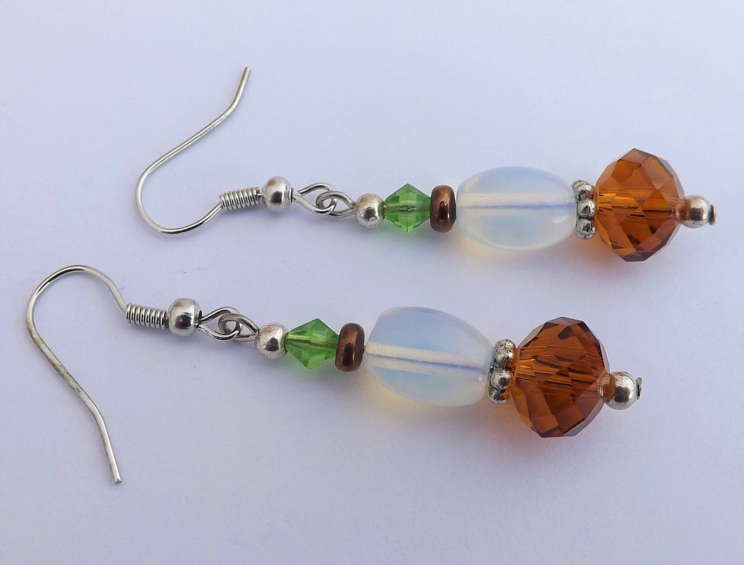 Brown, Green & Synthetic Opal Glass Bead Earrings