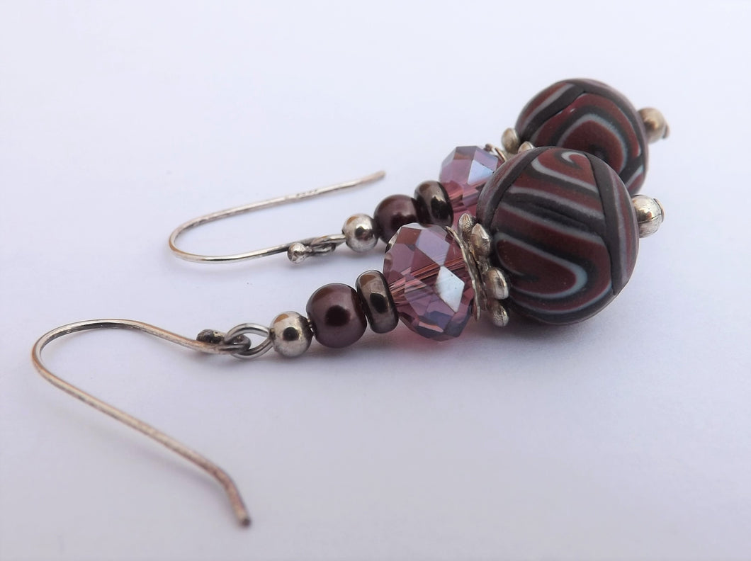 Brown & Purple Kathryn Design Bead Earrings on Sterling Silver Hooks