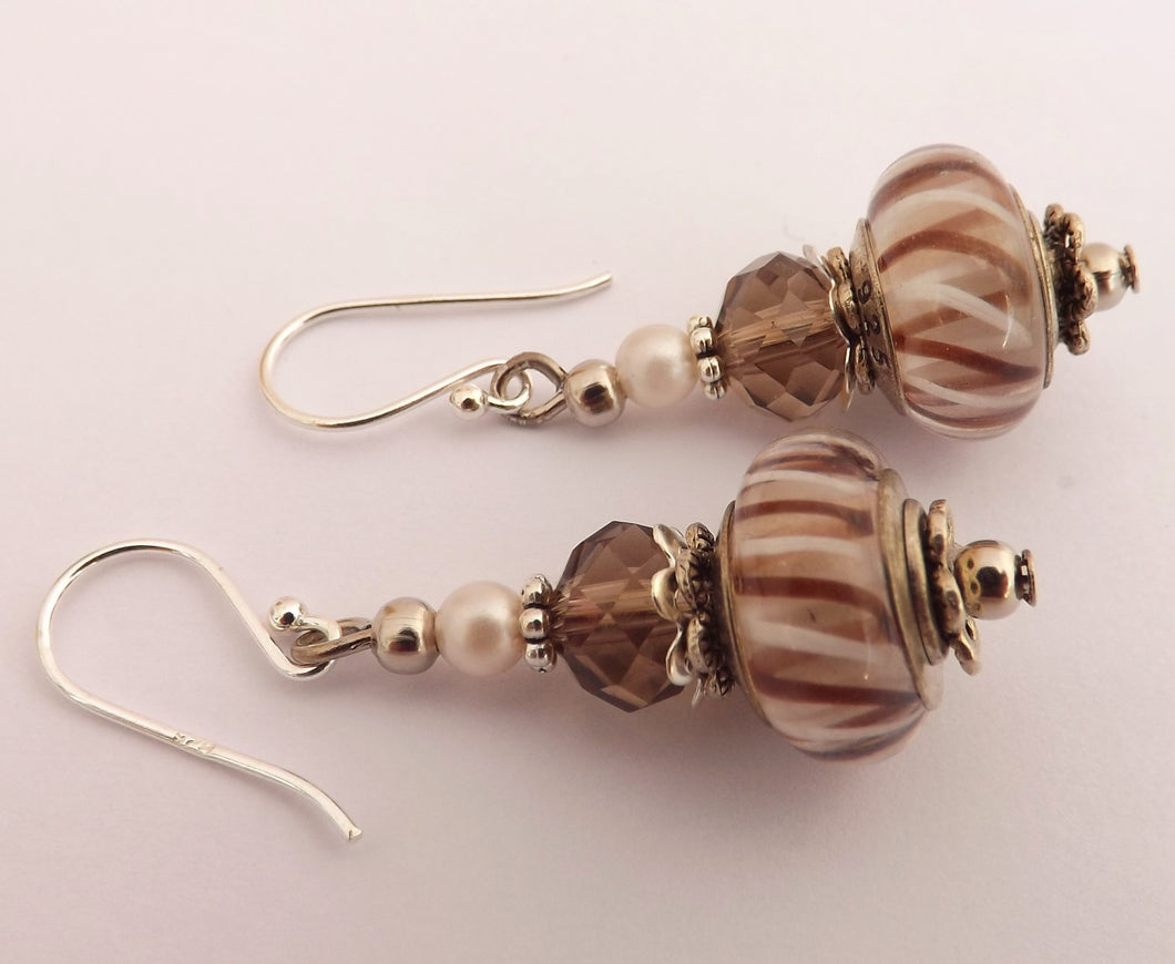 Brown & White Striped Art Glass Bead Earrings on Sterling Silver Hooks