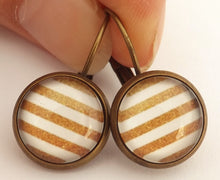 Load image into Gallery viewer, Brown &amp; White Stripes - Silver Tone Dome Earrings on Lever Back Hooks

