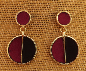 Burgundy, Black & Gold Tone Round Drop earrings