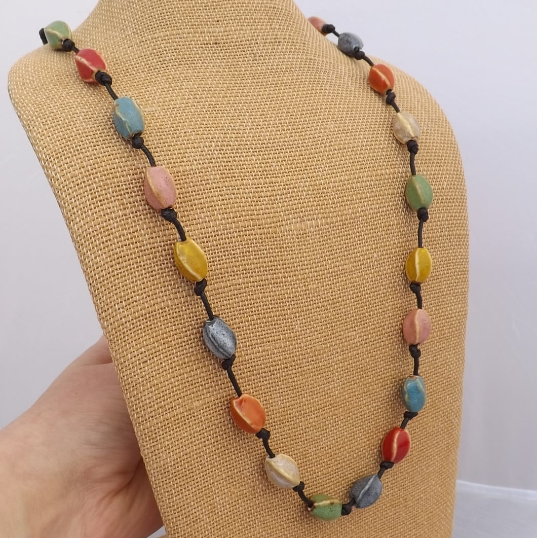 Ceramic Pottery Beads on Black Cord Necklace