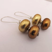 Load image into Gallery viewer, Chunky Gold &amp; Brown Acrylic Earrings on Long Kidney Hooks
