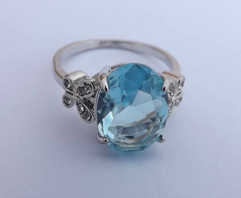 Clear Light Blue & Faux Diamond, Silver Tone Costume Ring (size 10)