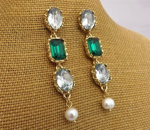 Clear, Teal, Freshwater Pearl & Gold Tone Faceted Drop Earrings