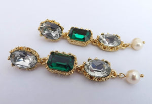 Clear, Teal, Freshwater Pearl & Gold Tone Faceted Drop Earrings