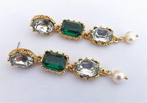 Clear, Teal, Freshwater Pearl & Gold Tone Faceted Drop Earrings