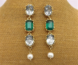 Clear, Teal, Freshwater Pearl & Gold Tone Faceted Drop Earrings