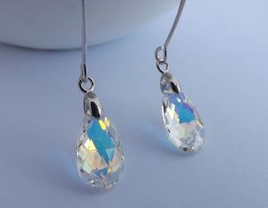 Clear with Golden Lustre Crystal Teardrop Earrings on Long Kidney Hooks