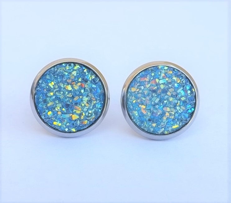 Cold Blue & Gold Glittery Stud Earrings