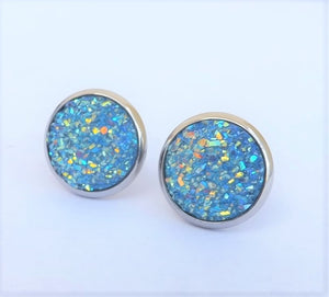 Cold Blue & Gold Glittery Stud Earrings