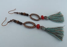 Load image into Gallery viewer, Copper Tone Boho Drop Earrings with Blue Tassels
