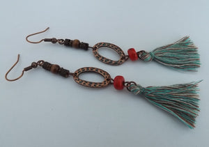 Copper Tone Boho Drop Earrings with Blue Tassels