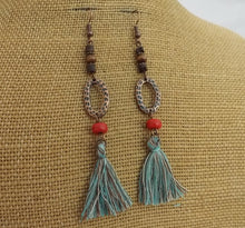 Load image into Gallery viewer, Copper Tone Boho Drop Earrings with Blue Tassels
