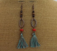 Load image into Gallery viewer, Copper Tone Boho Drop Earrings with Blue Tassels
