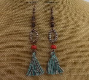 Copper Tone Boho Drop Earrings with Blue Tassels