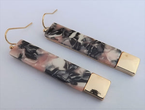 Coral, Black & Acrylic Long Rectangle Earrings