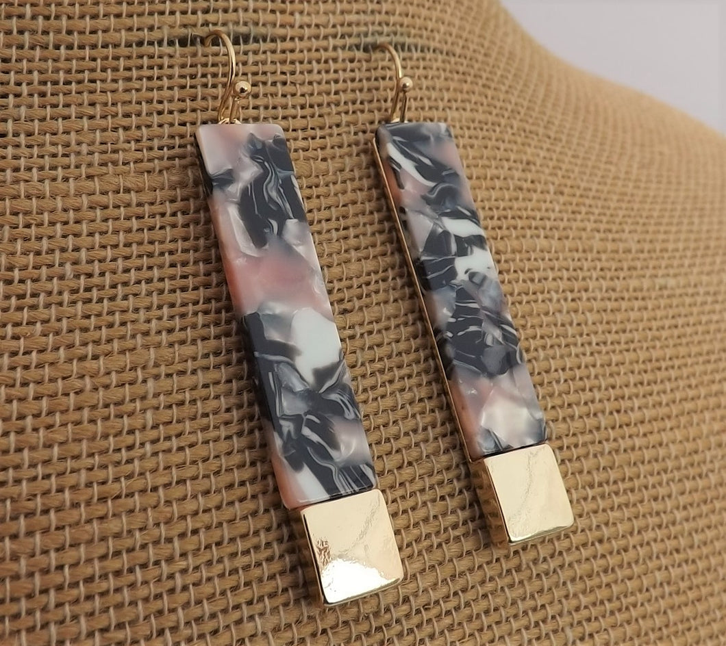 Coral, Black & Acrylic Long Rectangle Earrings