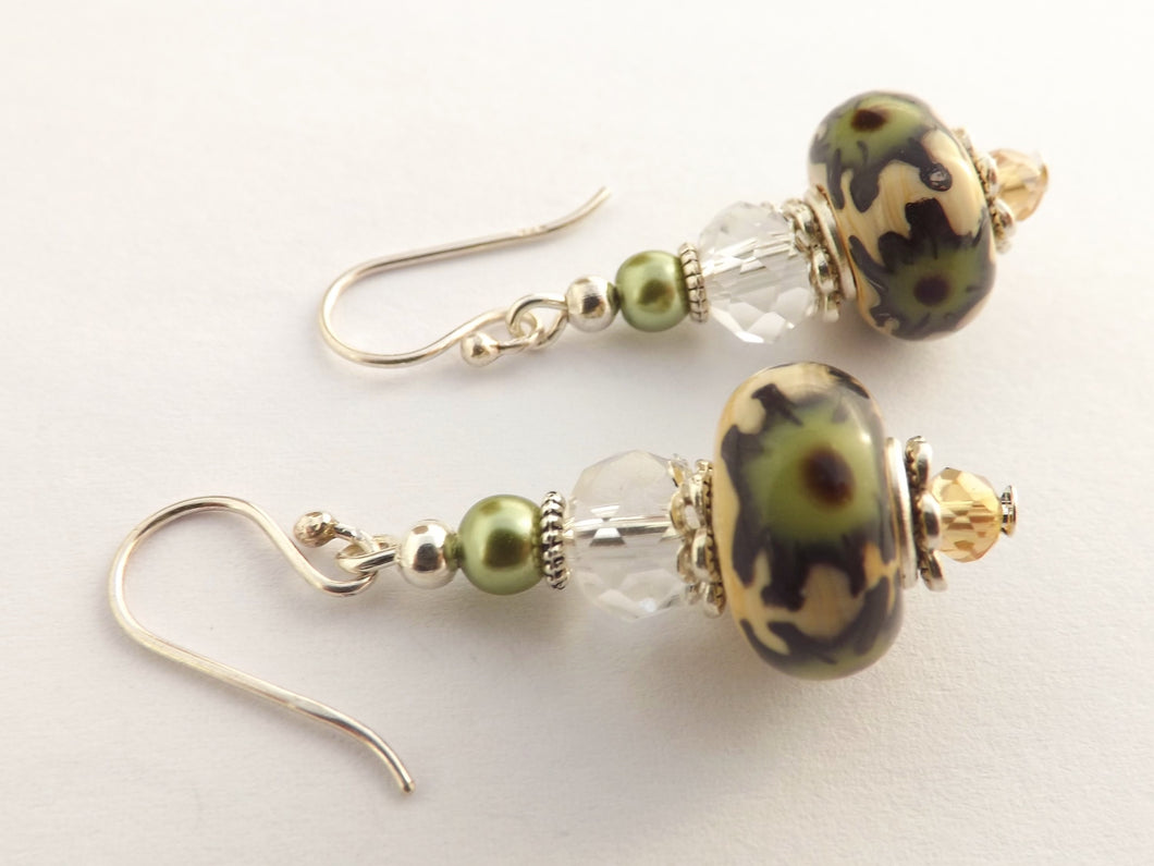 Cream & Green Art Glass Bead Earrings on Sterling Silver Hooks