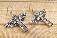 Load image into Gallery viewer, Cross &amp; Angel Wing Silver Tone Drop Earrings
