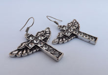 Load image into Gallery viewer, Cross &amp; Angel Wing Silver Tone Drop Earrings
