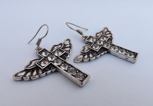 Cross & Angel Wing Silver Tone Drop Earrings