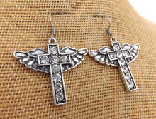 Load image into Gallery viewer, Cross &amp; Angel Wing Silver Tone Drop Earrings
