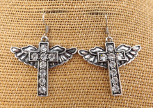 Load image into Gallery viewer, Cross &amp; Angel Wing Silver Tone Drop Earrings
