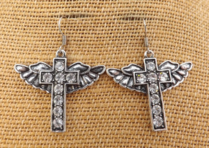 Cross & Angel Wing Silver Tone Drop Earrings