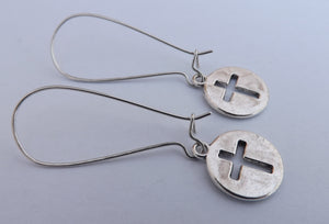 Cross in Circle, Silver Tone Earrings on Long Kidney Hooks