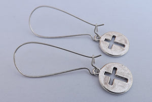 Cross in Circle, Silver Tone Earrings on Long Kidney Hooks