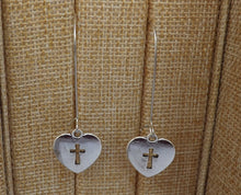 Load image into Gallery viewer, Cross in Heart, Silver Tone Earrings on Long Kidney Hooks
