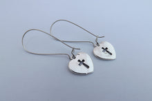 Load image into Gallery viewer, Cross in Heart, Silver Tone Earrings on Long Kidney Hooks
