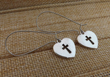 Load image into Gallery viewer, Cross in Heart, Silver Tone Earrings on Long Kidney Hooks
