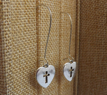 Load image into Gallery viewer, Cross in Heart, Silver Tone Earrings on Long Kidney Hooks
