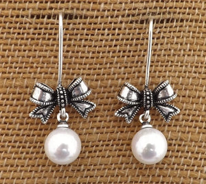 Crushed Sea Shell Pearl & Silver Tone Bow, Drop Earrings