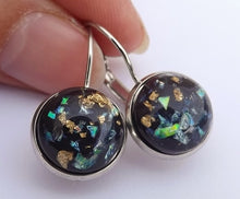 Load image into Gallery viewer, Paua &amp; Rose Gold Style Flecks on Black, Earrings on Lever Back Hooks
