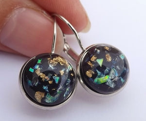 Paua & Rose Gold Style Flecks on Black, Earrings on Lever Back Hooks