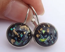 Load image into Gallery viewer, Paua &amp; Rose Gold Style Flecks on Black, Earrings on Lever Back Hooks
