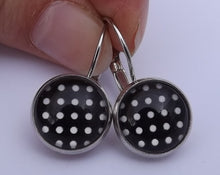 Load image into Gallery viewer, Black &amp; White Polka Dots - Dome Earrings on Lever Back Hooks
