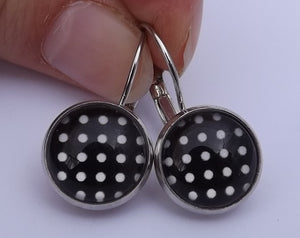 Black & White Polka Dots - Dome Earrings on Lever Back Hooks