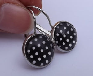 Black & White Polka Dots - Dome Earrings on Lever Back Hooks