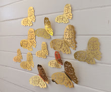 Load image into Gallery viewer, 12x Metallic Mirror Effect Effect Filigree Style Butterfly 3D Wall Decals (3 colour options)
