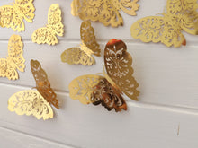 Load image into Gallery viewer, 12x Metallic Mirror Effect Effect Filigree Style Butterfly 3D Wall Decals (3 colour options)
