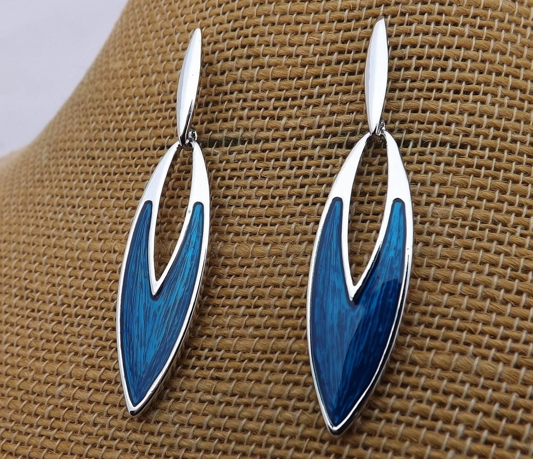 Blue & Silver Tone Long Drop Earrings